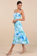 Radiant Feelings Blue and Green Floral Chiffon Midi Dress