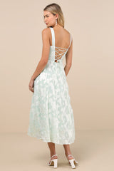 Loira Mint Burnout Jacquard Lace-Up Midi Dress