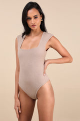 Sweet Crush Taupe Ribbed Square Neck Bodysuit