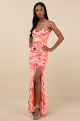 Stunning Wonder Orange Floral Mesh Bustier Mermaid Maxi Dress