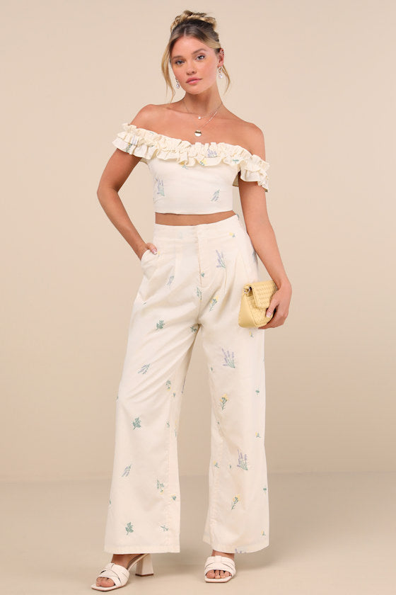 Rowena Cream Embroidered Wide-Leg Pants