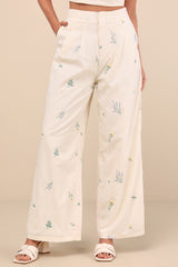 Rowena Cream Embroidered Wide-Leg Pants