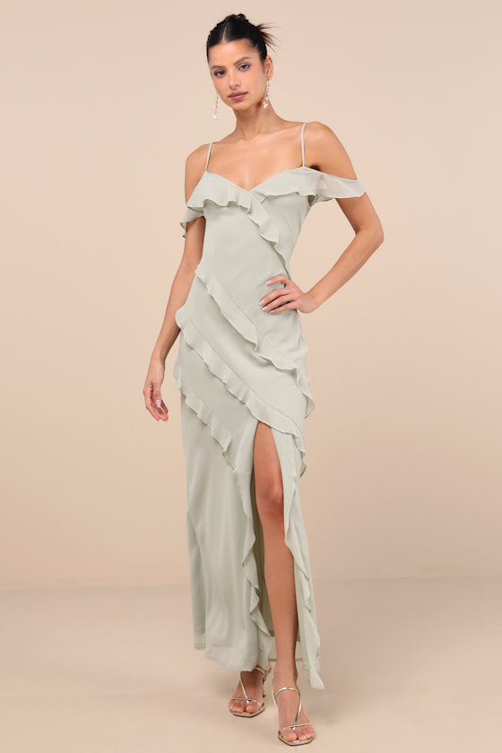 Elara Light Sage Ruffled Maxi Dress