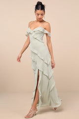 Elara Light Sage Ruffled Maxi Dress