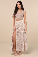 Subtle Sweetness Cream Floral Print Tiered Maxi Skirt
