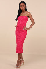 Flawless Perfection Fuchsia Floral Applique Strapless Midi Dress