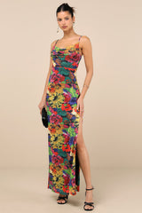 Sunniva Black Multi Print Mesh Cowl Maxi Dress
