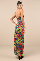 Sunniva Black Multi Print Mesh Cowl Maxi Dress