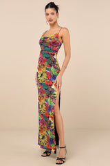 Sunniva Black Multi Print Mesh Cowl Maxi Dress