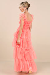 Tulle For Love Coral Pink Mesh Tulle Tiered Ruffled Maxi Dress