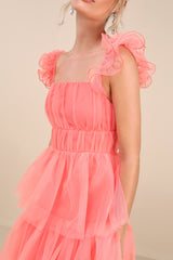 Tulle For Love Coral Pink Mesh Tulle Tiered Ruffled Maxi Dress