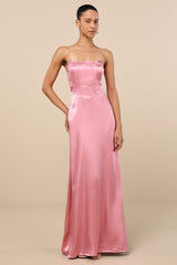 Extraordinary Presence Pink Satin Strapless Maxi Dress