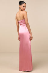 Extraordinary Presence Pink Satin Strapless Maxi Dress