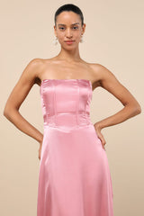 Extraordinary Presence Pink Satin Strapless Maxi Dress