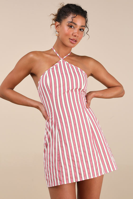 Madelia Pink Striped Halter Mini Dress