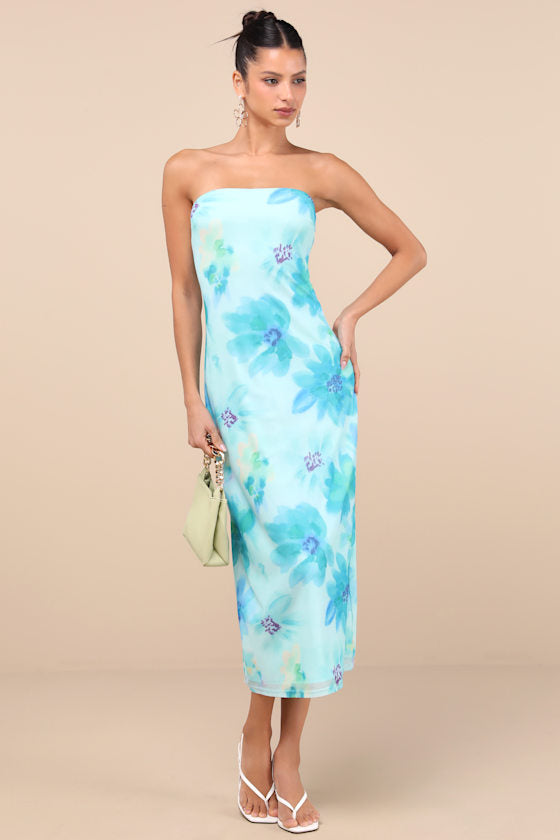 Jaylah Aqua Blue Floral Mesh Strapless Midi Dress