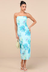 Jaylah Aqua Blue Floral Mesh Strapless Midi Dress