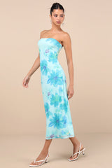 Jaylah Aqua Blue Floral Mesh Strapless Midi Dress