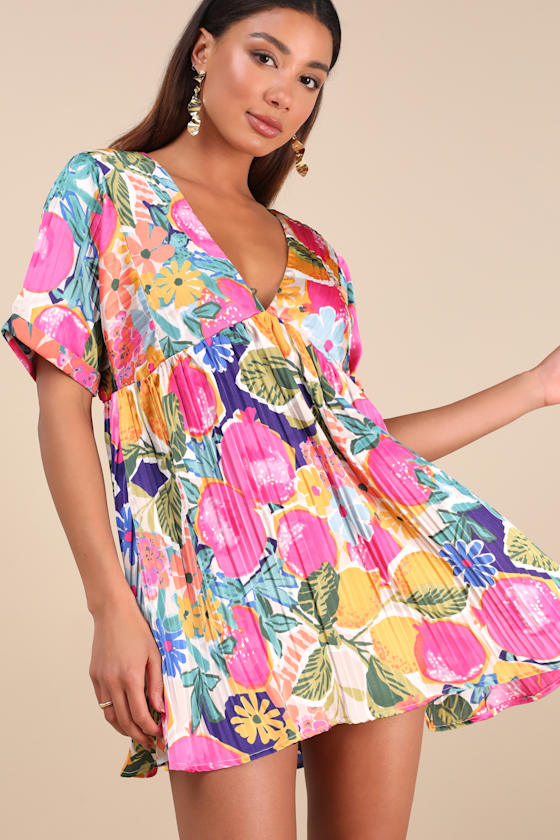 Express Yourself Pink Multi Floral Print Satin Babydoll Dress