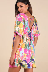 Express Yourself Pink Multi Floral Print Satin Babydoll Dress