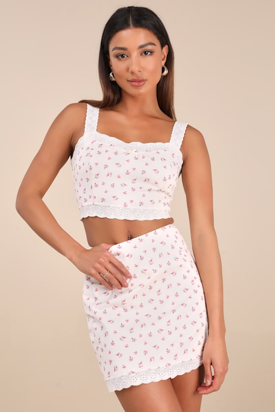Emanita Ivory Ditsy Floral Two-Piece Bodycon Mini Dress