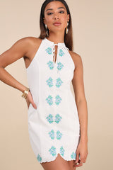 Jovelyn White Floral Embroidered Mock Neck Mini Dress
