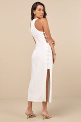 Masterfully Mod White Side Button Midi Dress