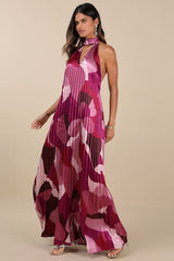 Prime Poise Pink Multi Abstract Satin Halter Maxi Dress