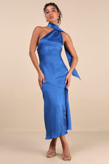 Reglan Blue Satin One-Shoulder Sash Midi Dress
