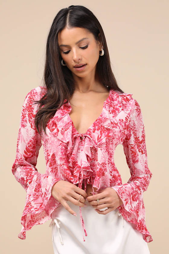 Thriving Flirt Pink Leaf Print Ruffled Long Sleeve Tie-Front Top