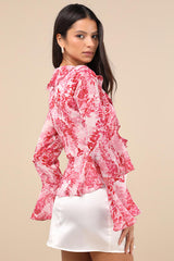 Thriving Flirt Pink Leaf Print Ruffled Long Sleeve Tie-Front Top