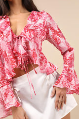 Thriving Flirt Pink Leaf Print Ruffled Long Sleeve Tie-Front Top