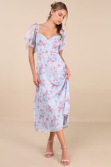 Valla Light Blue Floral Flutter Sleeve Midi Dress