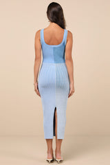 Radiant Personality Blue Color Block Ribbed Knit Midi Dress