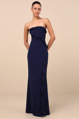 Excellent Sensation Navy Strapless Ruffled Maxi Dress