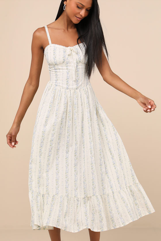 Odilie Cream Floral Lace Sleeveless Midi Dress