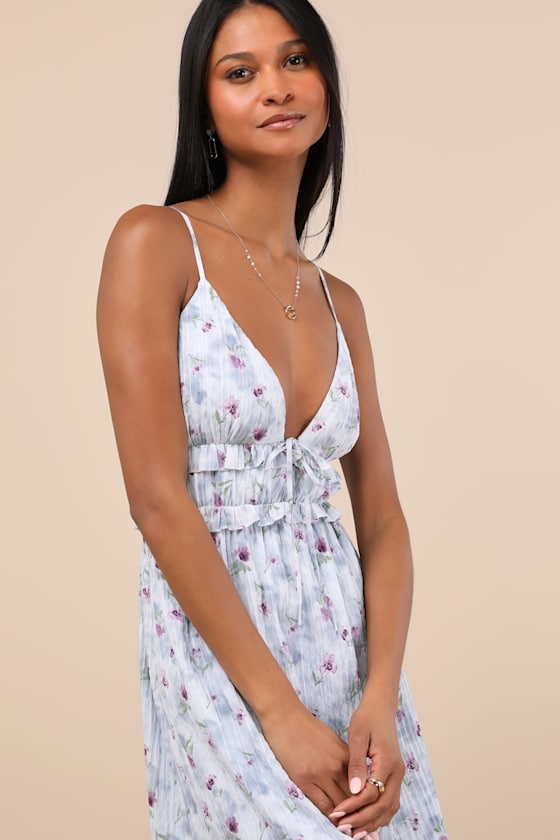 Sandi Light Blue Floral Tie-Front Midi Dress