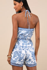 Moya Blue and White Floral Halter Romper