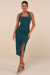 Prominent Charm Emerald Halter Bodycon Tulip Midi Dress