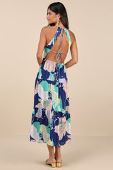 Hours of Flowers Blue Multi Floral Lace-Up Tiered Midi Dress