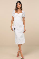 Odetta White Burnout Puff Sleeve Lace-Up Midi Dress