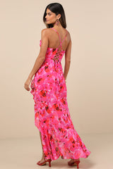 Navina Pink and Red Floral High-Low Midi Dress
