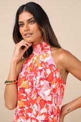 Tied Back To You Red and Pink Floral Print Mini Shift Dress