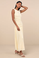 Tamber Light Yellow Jersey Knit Drop Waist Midi Dress