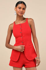 Mariette Red Knit Button-Front Vest Top