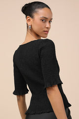 Enna Black Smocked Short Sleeve Top