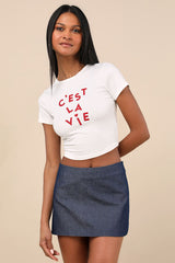 C'est La Vie White Short Sleeve Cropped Graphic Tee