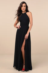 Confidently Charismatic Black Backless Halter Maxi Dress