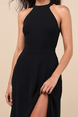 Confidently Charismatic Black Backless Halter Maxi Dress
