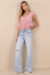 Eliara Pink Lace Cap Sleeve Babydoll Top